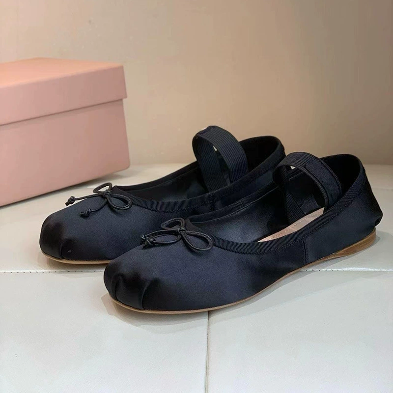 Высокая версия ~ балетные туфли MIU Family Bow Dance Shoes Bow Satis Silk Flat Flat Vintage Retro Word Mary Zhen одиночные туфли женские