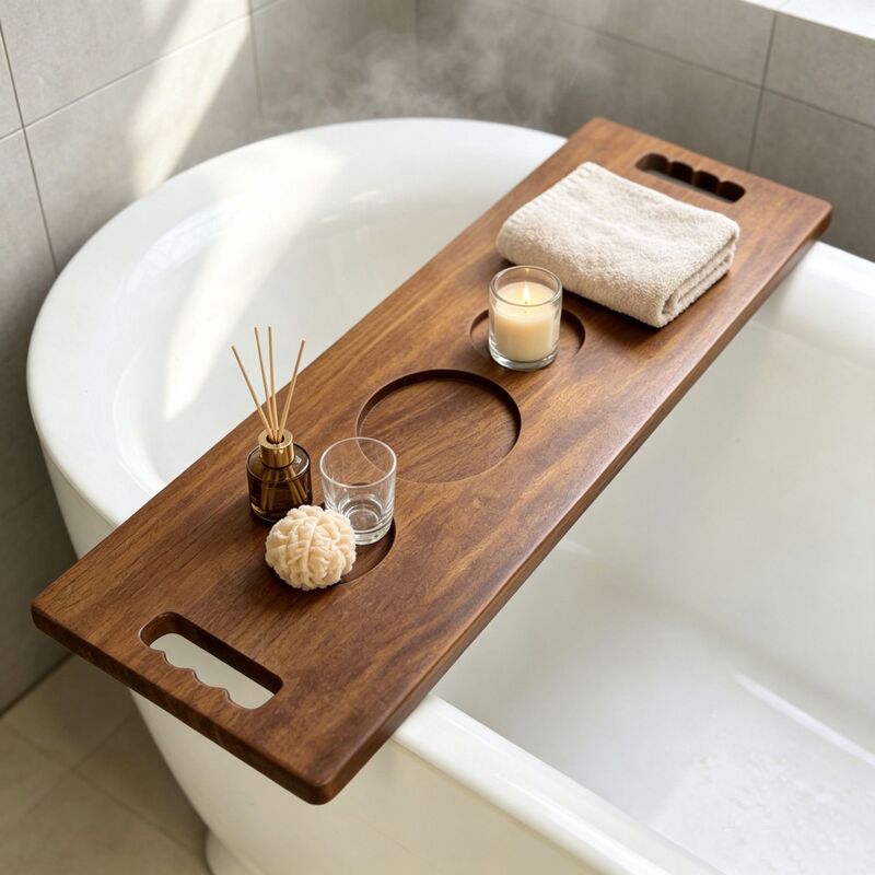 Walnut Bathroom Shelf, No-Drill Bathtub Rack, Nordic Style Bath Storage Rack, Aromatherapy Bath Supplies Tray