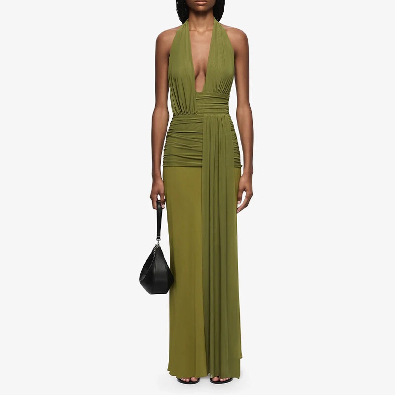 European and American Style Sexy Halter Deep V-Neck Dress for Women, Backless Ruched Waist-Cinching Long Dress with Ribbons, Evening Party Vacation Gown European and American Style Sexy Halter Deep V-Neck Dress for Women, Backless Ruched Waist-Cinching Long Dress with Ribbons, Evening Party Vacation Gown
