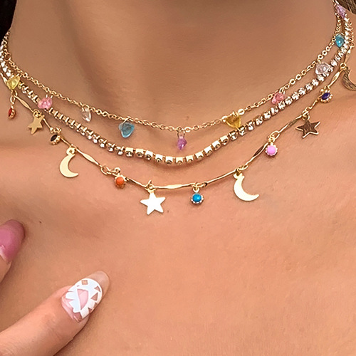 European and American cross-border jewelry Colorful gravel ethnic pendant tassel necklace Simple stacked thin chain star and moon necklace