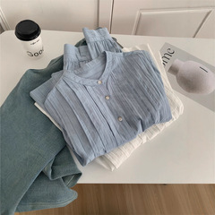 春夏棉暗纹提花法式复古竖条圆领衬衫女温柔百搭衬衣开衫娃娃衫