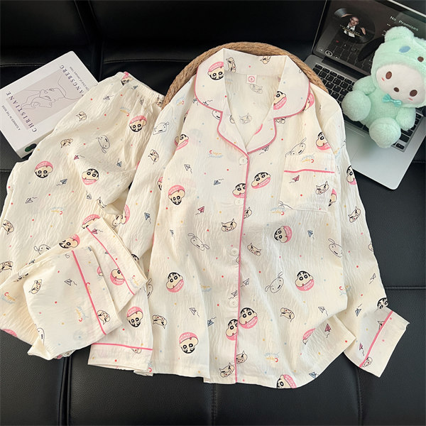Al por mayor transfronterizo 2026 nuevo pijama de mujer nubes de algodón pantalones de manga larga cardigan con solapa de dibujos animados ropa para el hogar se puede usar fuera