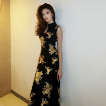 新中式时尚气质烫金工艺后背镂空绑带性感侧开叉旗袍连衣裙