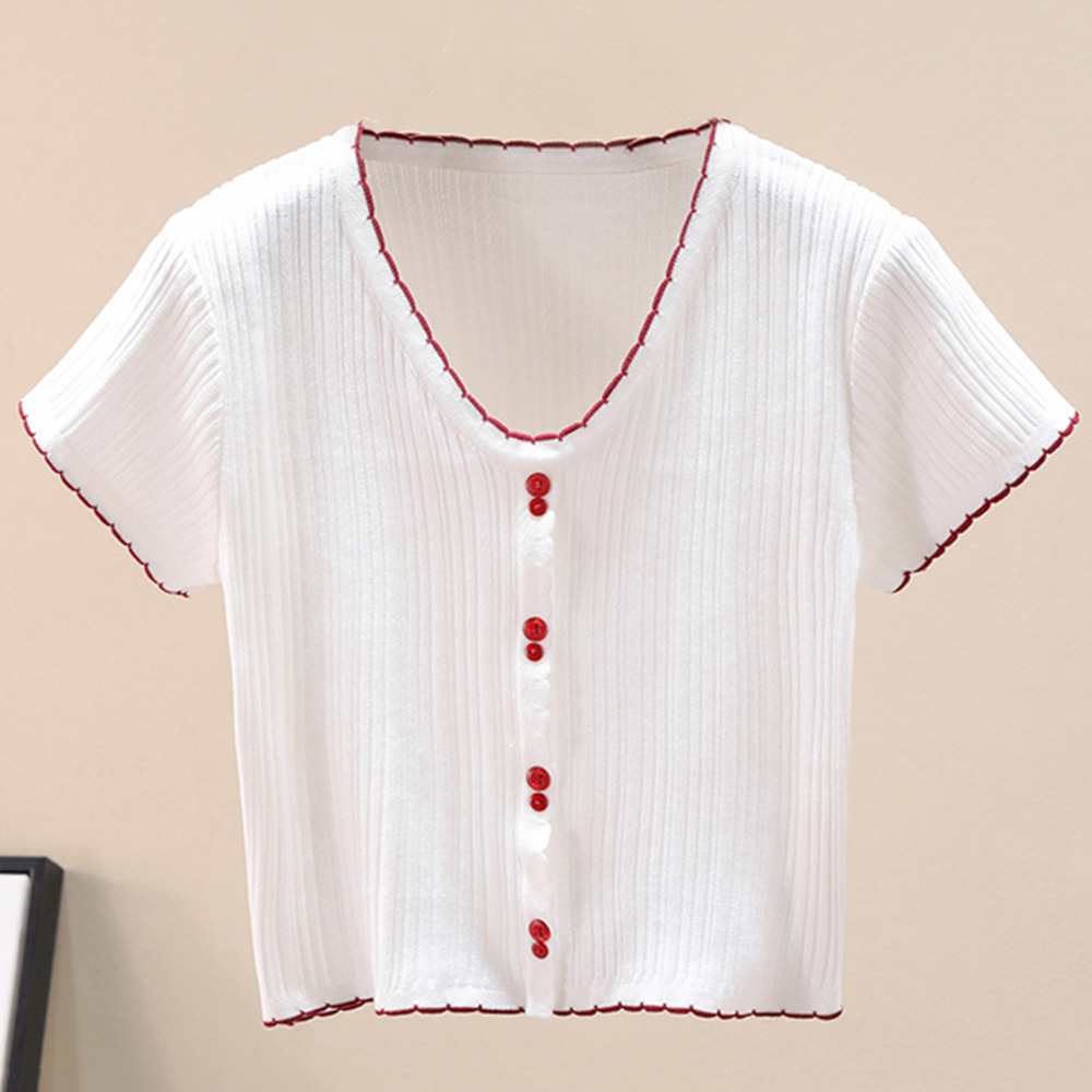 v-neck short-sleeved knit sweater slim short navel t-shirt NSJR52110