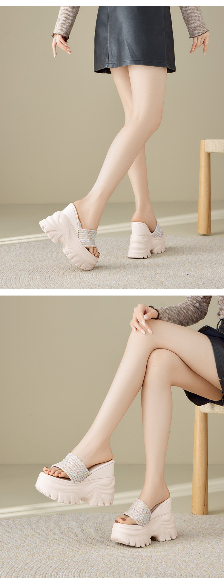 Sandal cao gót nữ đính đá quai ngang đế dày platform gót 9 cm — màu đen, màu trắng ngà chi tiết 9