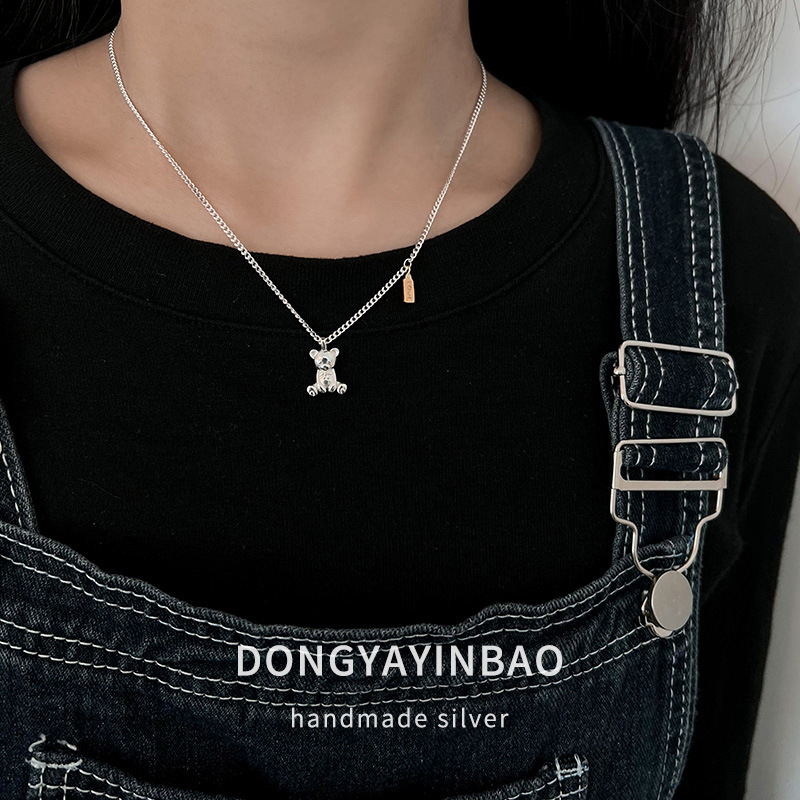Echtes Silber Teddybär Anhänger Halskette Damen Nischendesign_voghion.com