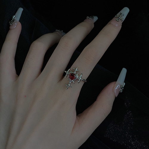 Hip-hop individual niche design dark cross opening ring for women with heart-shaped red zirconia trendy cool fashion finger ring