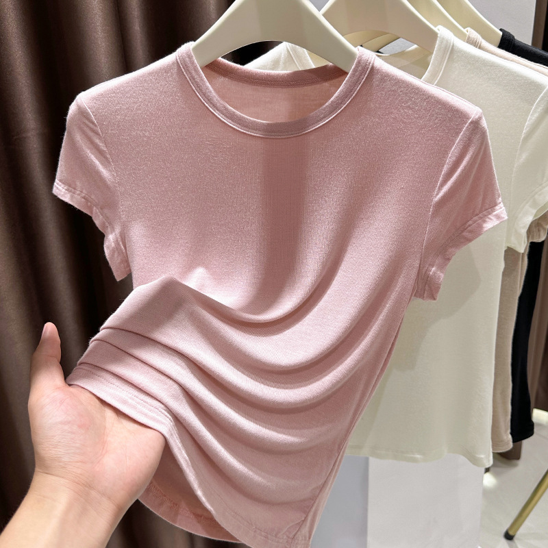 アプリコットラウンドネックニットトップレディース夏右肩半袖モーダルTシャツ薄手スリムインナーレイヤリングシャツ|undefined
