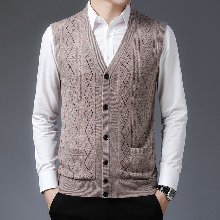 Autumn and Winter Men's Young and Middle-Aged V Neck Knitwear Vest Cardigan Retro Rhombus Casual Sleeveless Knitwear Vest