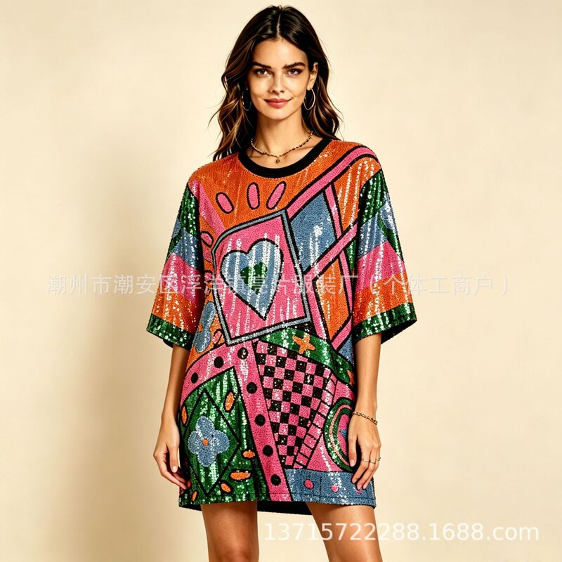 In-Stock Hot-Selling Heavy-Duty Color-Block Sequin Top, Cross-Border European and American Retro American Style Spicy Girl Trendy Versatile Short-Sleeve Shirt