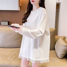 蕾丝拼接长袖t恤女秋冬加绒内搭打底衫大码胖mm中长款遮屁股上衣