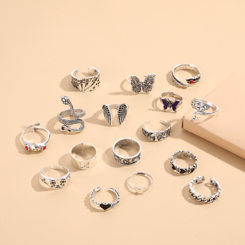 Amazon best-selling ring retro design exaggerated snake-shaped frog butterfly love poker combination 16-piece ring set