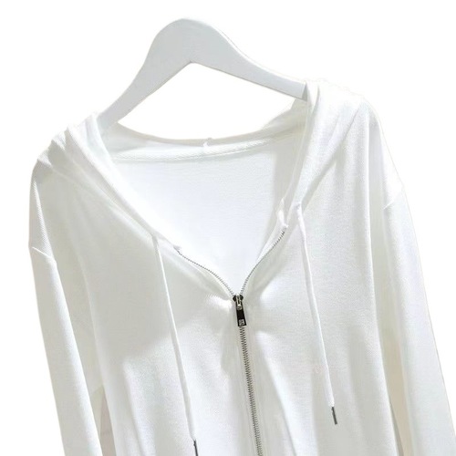 Zippered Hooded Sweatshirt Top for Women, White, Long-Sleeved, Autumn, Fitted, Slimming, Short-Sleeve, Drop-Shipped