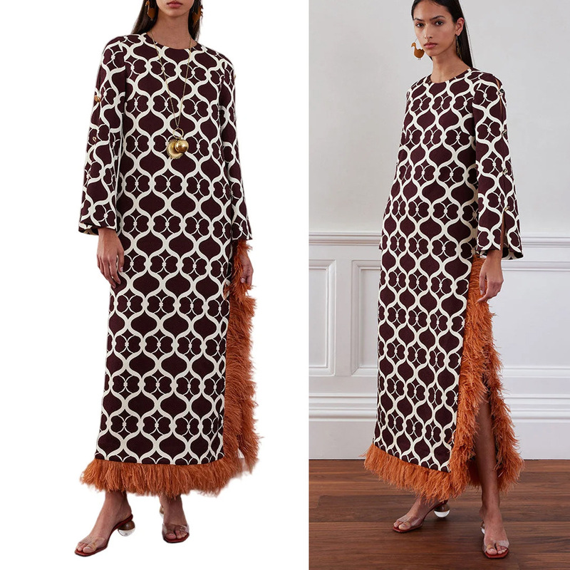 Cross-border 2026 European and American Autumn/Winter New Satin Printed Feather Long Sleeve Dress INS Slit Loose Dress