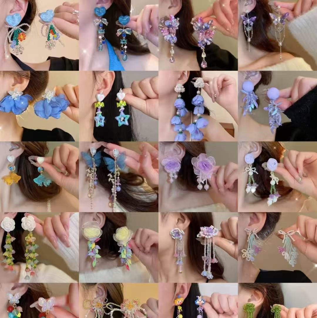 Pendientes de borla de flores de gasa de aguja de plata Pendientes de dopamina de bosque dulce Pendientes de todo fósforo de tendencia de nicho Mujeres al por mayor