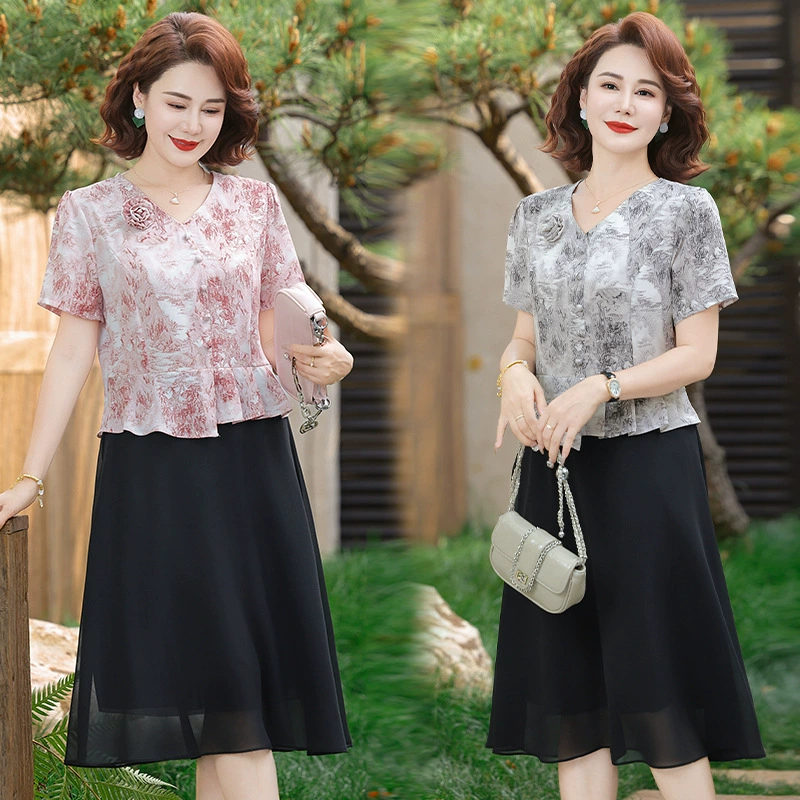 Маленькая мама платье с короткими рукавами 2025 лето новый средний возраст женщины худой живот юбка среднего и длинного платья женщины оптом