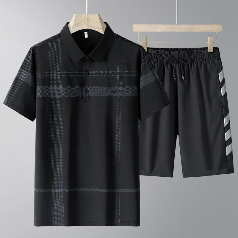 Papa de verano, traje casual de seda de hielo para hombres, camisa polo para hombres, manga corta, manga corta, traje de moda para hombres de mediana edad