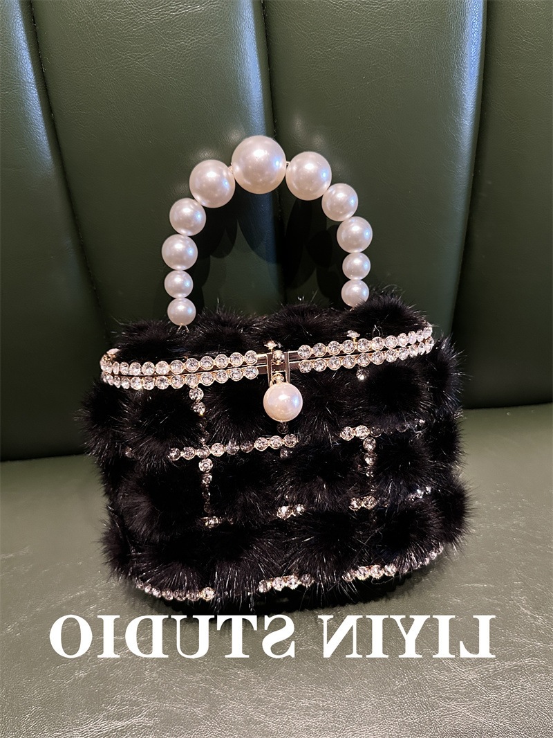 Cross-Border Metal Pearl Mink Faux Fur Bucket Bag, Sparkling Rhinestone Birdcage Handbag And Crossbody Bag For Banquets - Thumbnail 6