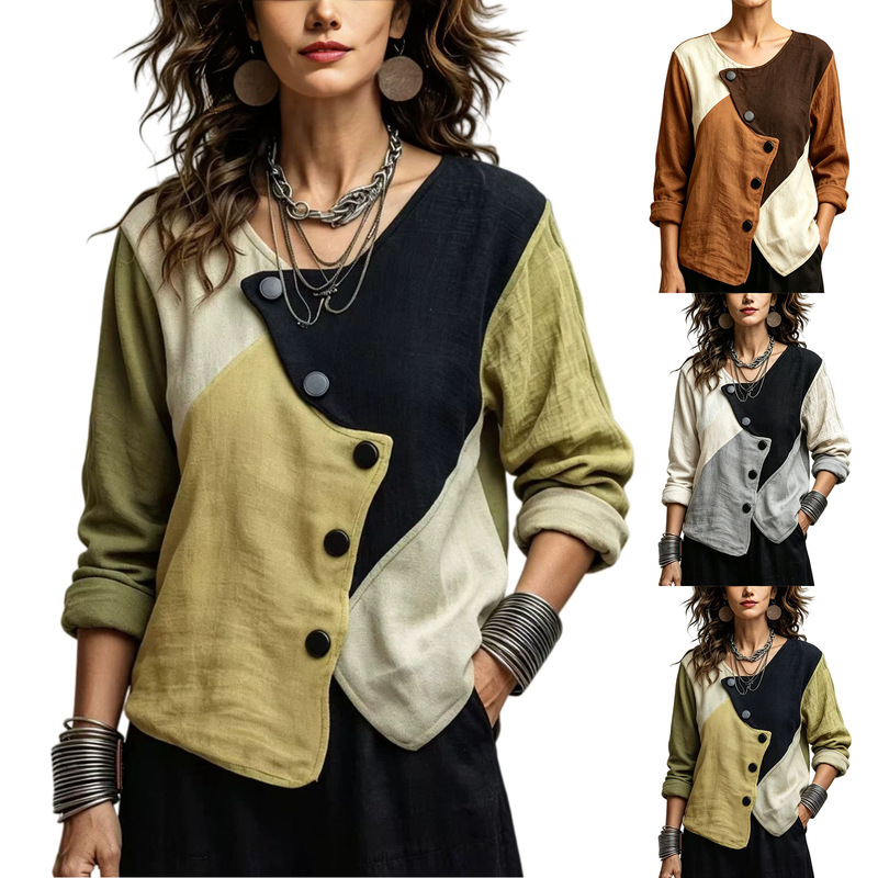 2026 Cross-Border Round Neck Women's Irregular Diagonal Button Color-Blocking Long-Sleeve Casual Loose Personality T-Shirt with a Sense of Design 2026 Cross-Border Round Neck Women's Irregular Diagonal Button Color-Blocking Long-Sleeve Casual Loose Personality T-Shirt with a Sense of Design