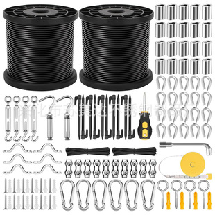 90m Stainless Steel 304 Plastic Coated Wire Rope Outdoor String Lights Black Nylon Cable Turnbuckle Hanging Kit