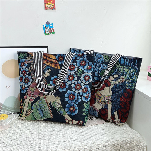 Bags for Ladies: Fashionable New Top-handle Canvas Tote Bag with Hand-painted European and American Retro Style Shoulder Bag