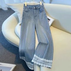 女性用ブルーレースレースジーンズ2025春夏新デザイン脚にフィットしないルーズストレートパンツ