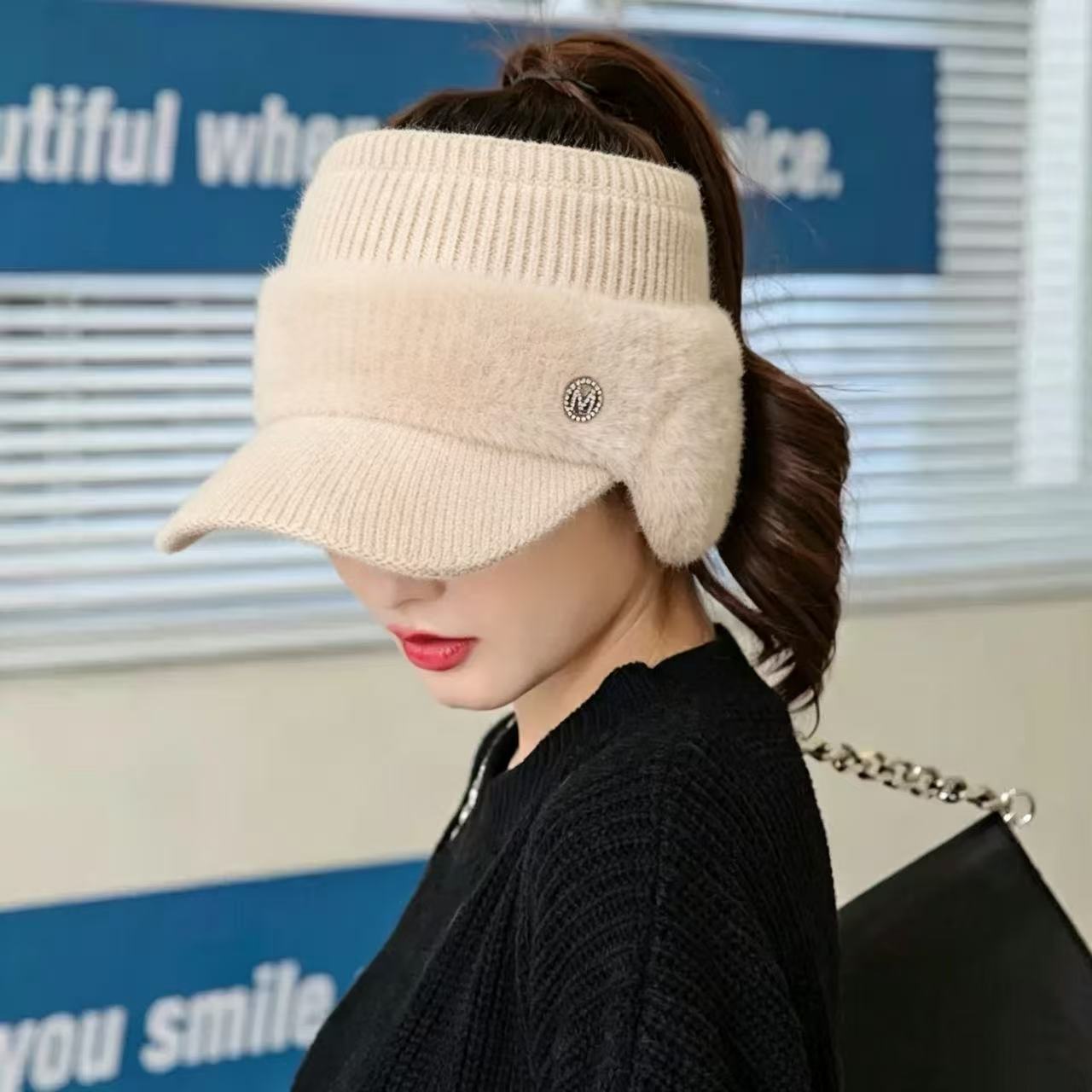 왕홍모 자녀 가을 겨울 신상 토끼털 털실 모자 기모 니트 맨머리 오리털모