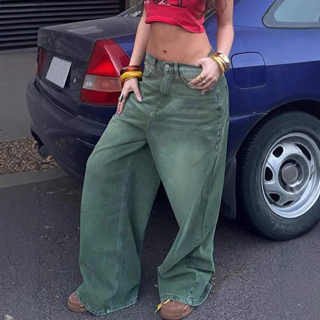 Ropa para mujer, vaqueros de pierna ancha estilo urbano sin estiramiento, básicos, retro, desgastados, holgados, rectos, largos hasta el suelo._voghion.com