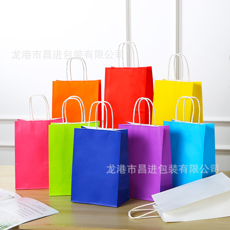 彩色白牛皮纸手提袋现货批发多尺寸彩虹纯色袋子方底加厚厂家直供