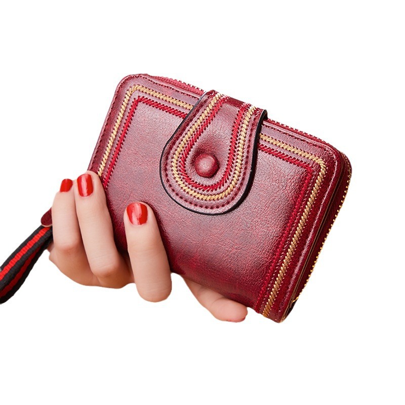Women Wallet Cross-border Retro Oil Wax Leather European and American Multi-card Organ Card Bag Zipper Short Women's Wallet