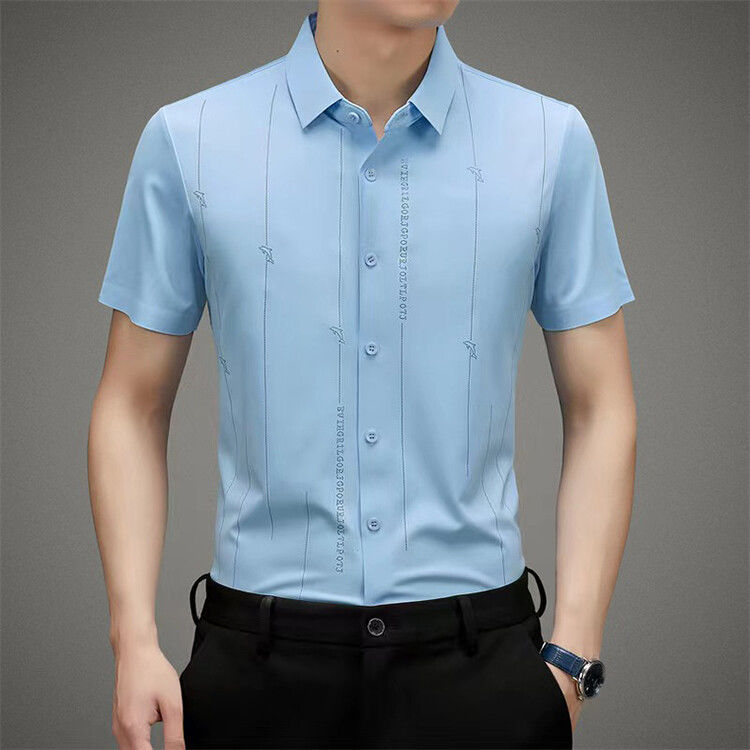 Cross-Border Summer New Men's Short-Sleeved Shirt, Ice Silk Outerwear, Casual Thin Elastic Shirt, Ice Silk Breathable