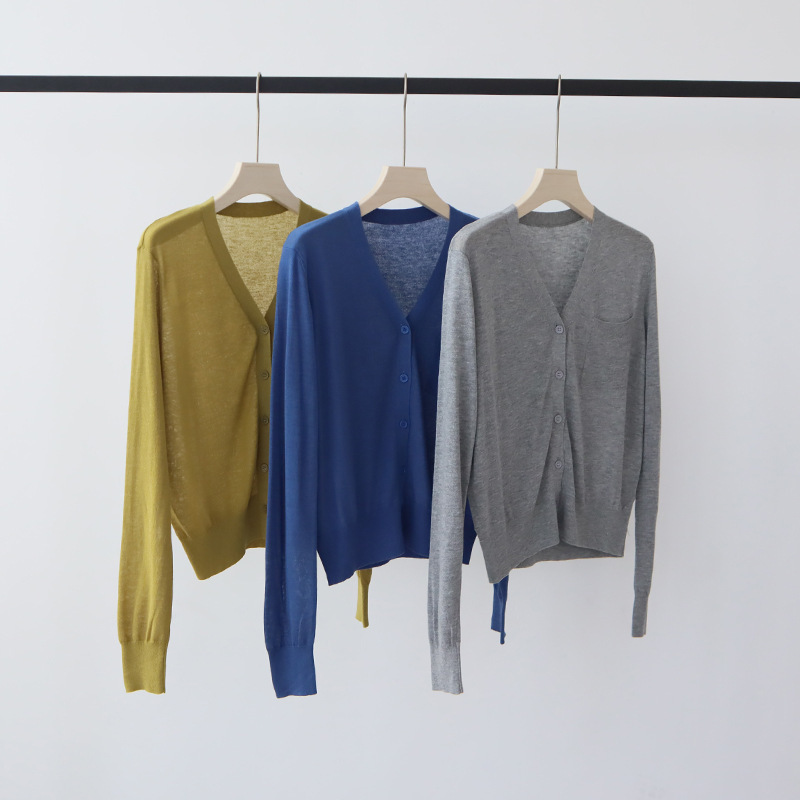 Spring and Summer Elegant Commuter Thin Tianshuang Linen V-Neck Single Pocket Long Sleeve Knitted Cardigan Jacket Vest Two-Piece Set Spring and Summer Elegant Commuter Thin Tianshuang Linen V-Neck Single Pocket Long Sleeve Knitted Cardigan Jacket Vest Two-Piece Set