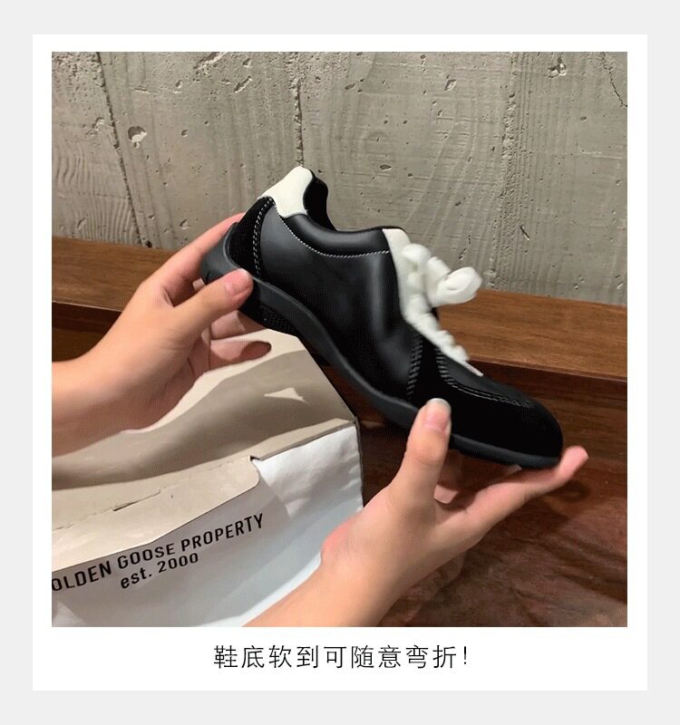 Giày sneaker nữ da bò phối màu mũi tròn dây buộc tăng chiều cao — Màu trắng nhạt, màu sô cô la, màu vàng, màu đen chi tiết 5