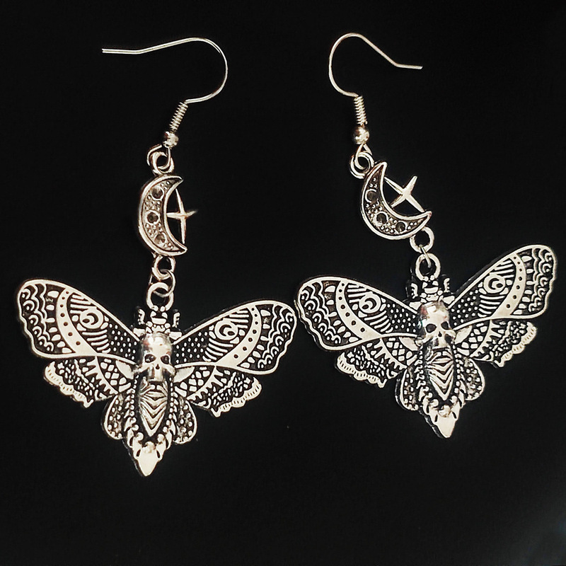 Cross Border Hot Sale New Fashion Gothic Punk Vintage Death Valley Skull Moth Moon Cross Earrings