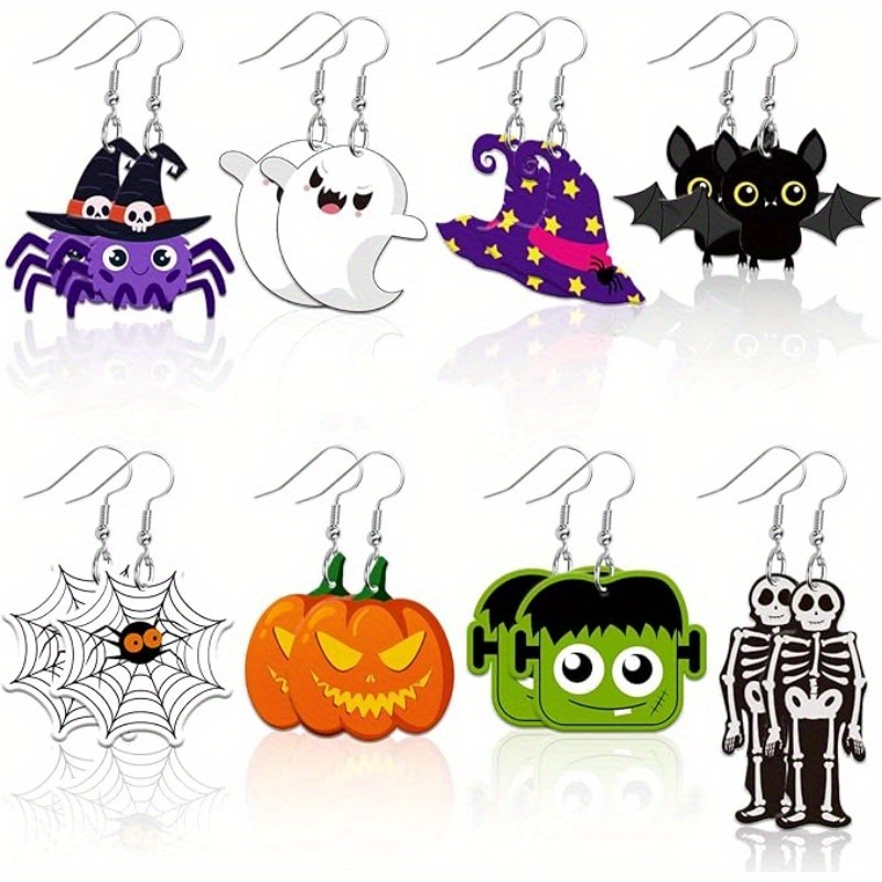 8 Pairs of Halloween Acrylic Earrings Pumpkin Spider Black Cat Puppet Witch Hat Horror Earrings Pendant Earrings