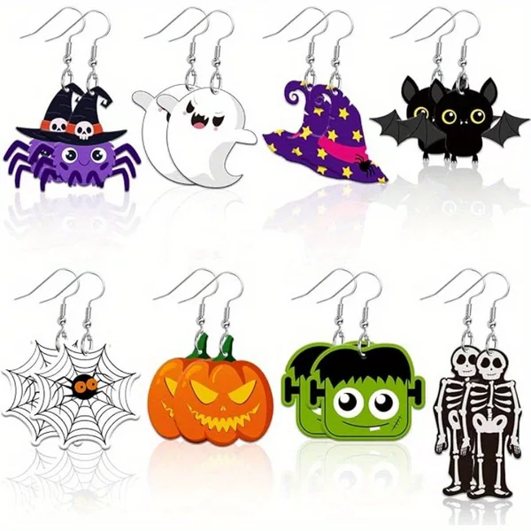 8 Pairs of Halloween Acrylic Earrings Pumpkin Spider Black Cat Puppet Witch Hat Horror Earrings Pendant Earrings