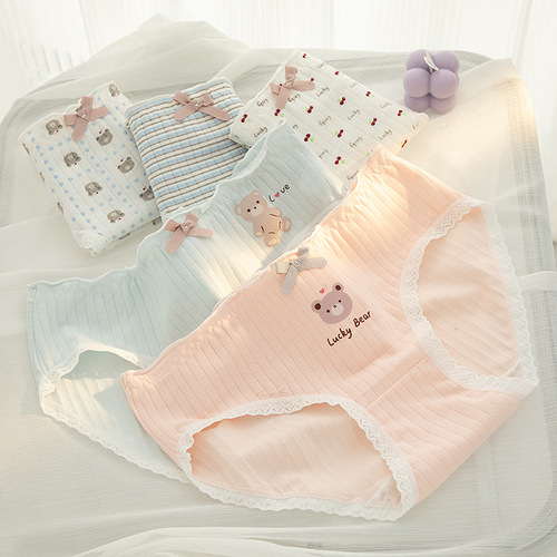 Japanese cute bear soft cute cartoon girl underwear pure cotton crotch mid-waist bag hip ladies underwear student briefs