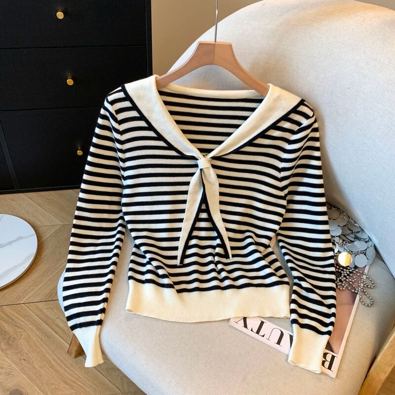 Early Autumn Navy Blue Stripesd Knitwear Women's Spring & Fall 2025 New Age-Reducing Pullover Bottoming Shirt Long-Sleeved T-Shirt Top