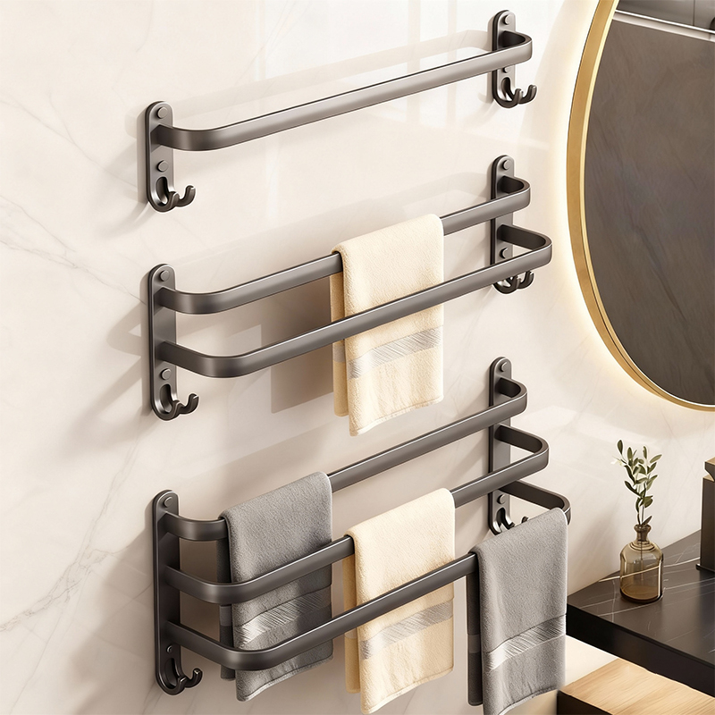 Bathroom Towel Rack Space Aluminum Gun Gray Single/Double Rod No-Drill Bathroom Towel Bar Light Luxury Bath Towel Storage Rack Bathroom Towel Rack Space Aluminum Gun Gray Single/Double Rod No-Drill Bathroom Towel Bar Light Luxury Bath Towel Storage Rack