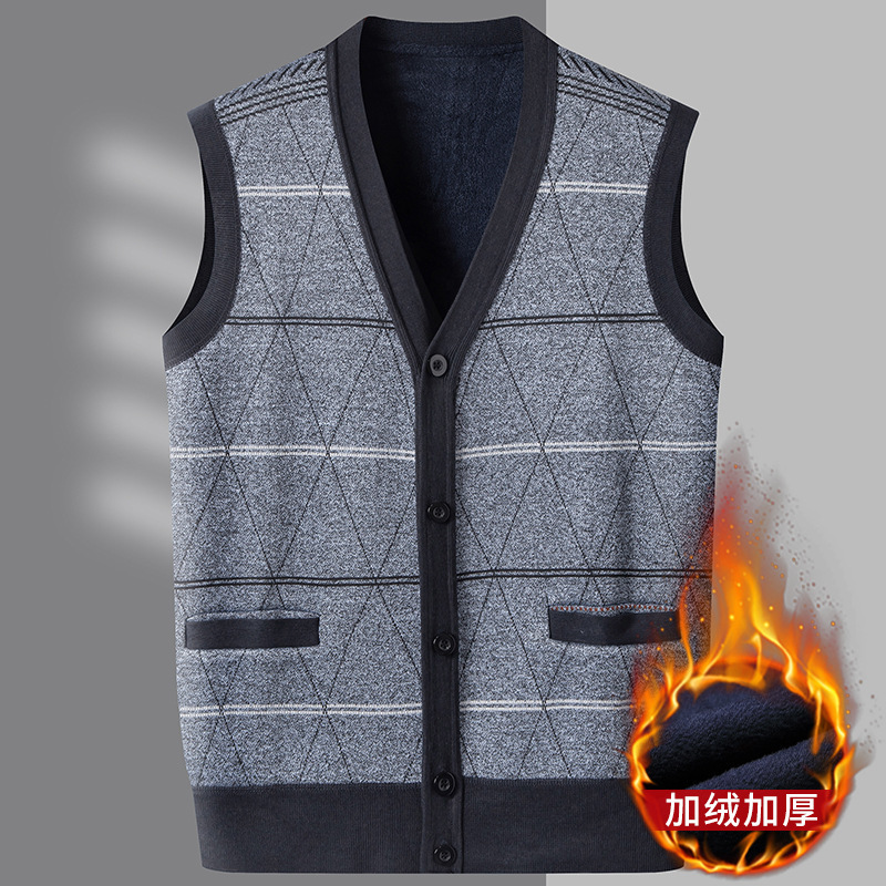 Cross-Border Autumn and Winter Pullover Sweater Vest for Men, Rhombus Fashion Inner Layer, Velvet Thickened Warm Knitted Vest for Men