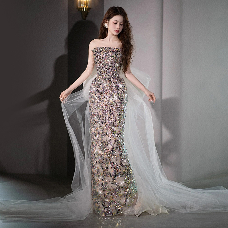 Vestido de noche sin tirantes con lentejuelas para mujer, nuevo modelo 2026, con elaborada artesanía, ideal para actuaciones solitarias, estilo de hada, ceremonias para adultos, banquetes, vestido de anfitriona.