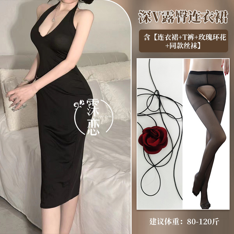 블랙 + 속옷 + 로즈 넥 링 + 블랙 오픈 양말