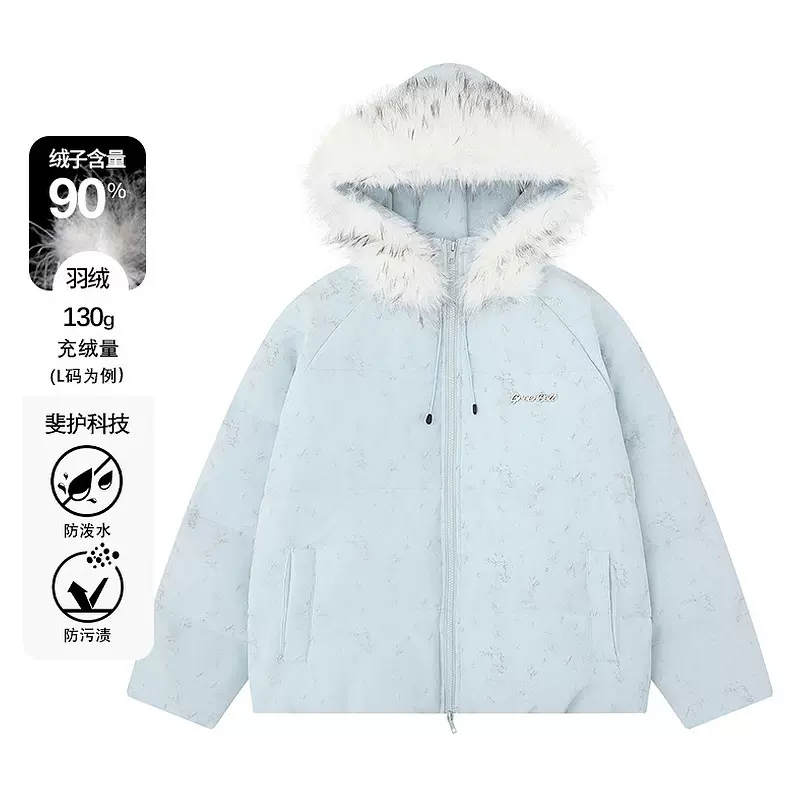 衣品男装美式复古可拆卸毛领连帽羽绒服女冬季新款加绒加厚羽绒服