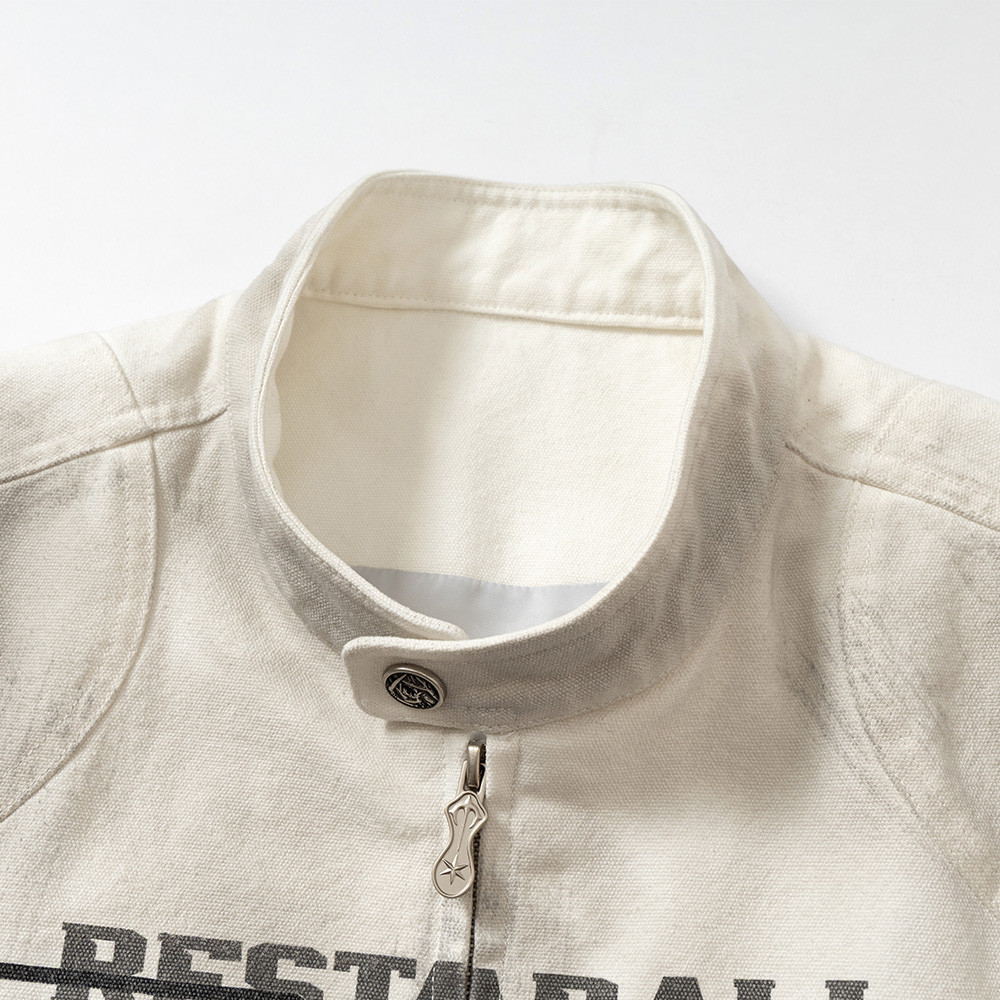 Veste de moto de course courte pour homme, style Death Style, col montant, effet peinture aérosol vieillie, patchwork déstructuré._voghion.com