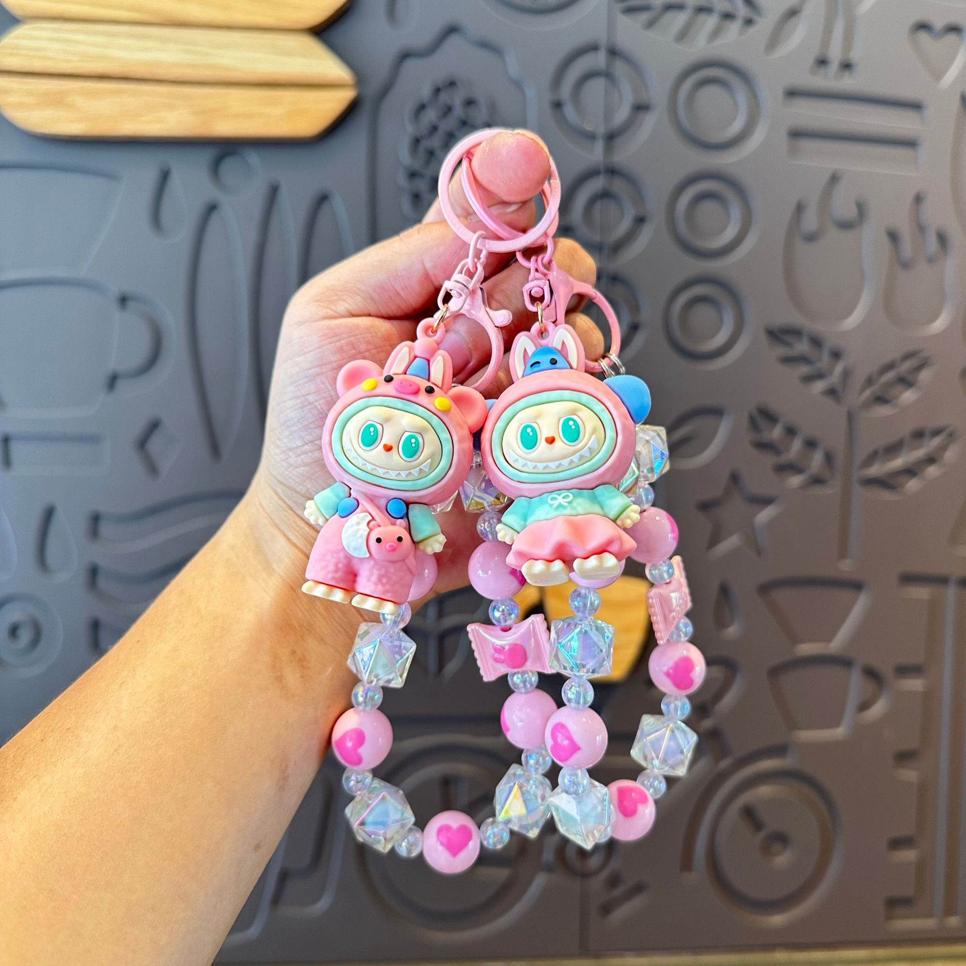 Handmade DIY Candy Bead Chain Pull Cloth Cartoon Keychain Cute Labub School Bag Pendant Doll Machine Small Gift