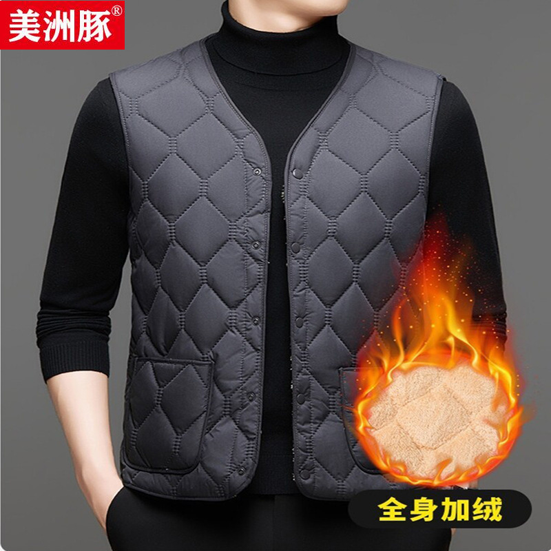 爆款秋冬新款中年男羽绒棉背心加绒加厚坎肩爸爸男装保暖百搭马甲