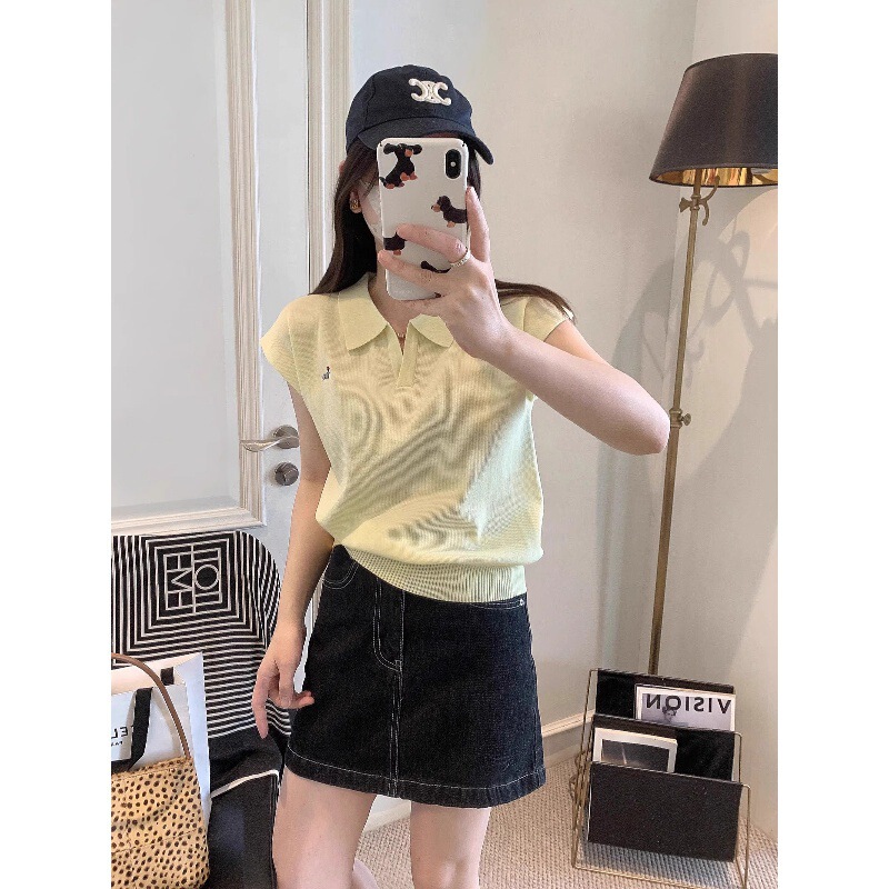 Kisssister Western Style Dachshund Puppy Embroidered Polo Collar Short-Sleeved Ice Silk Knitwear Women's Korean Vest Top