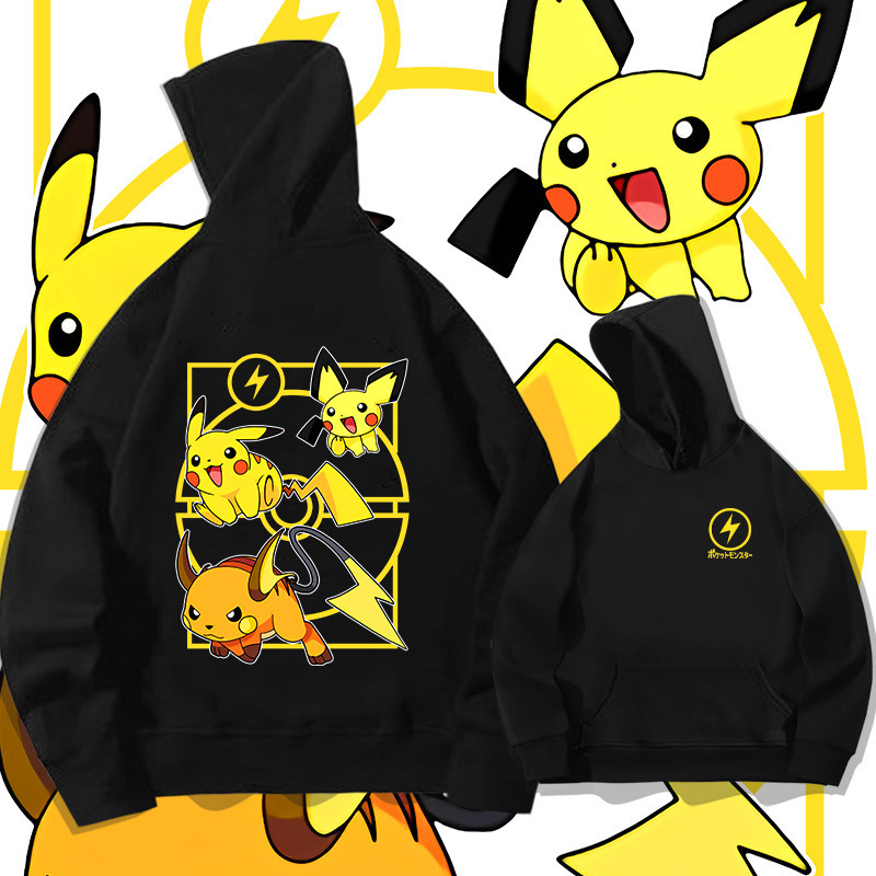 umor Pikachu cartoon hooded sweatshirt for young students, trendy brand Pokémon loose-fitting drop-shoulder hoodie jacket