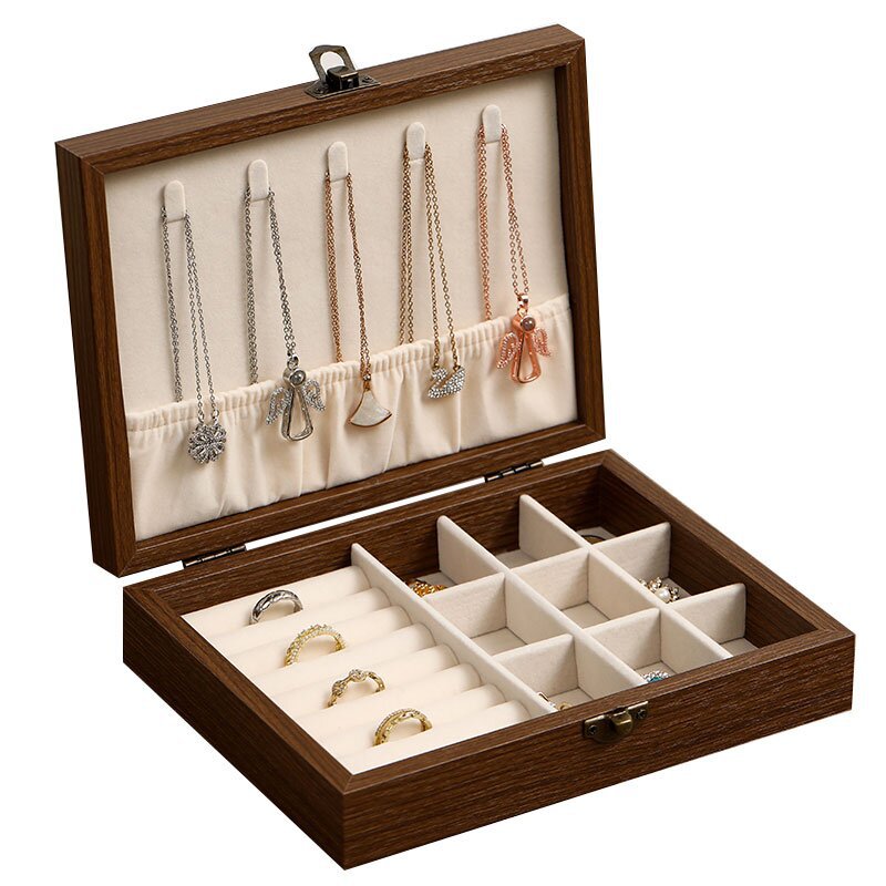 Caja de joyería de nuez caja de almacenamiento pendientes anillo collar brazalete joyería multifuncional polvo al por mayor