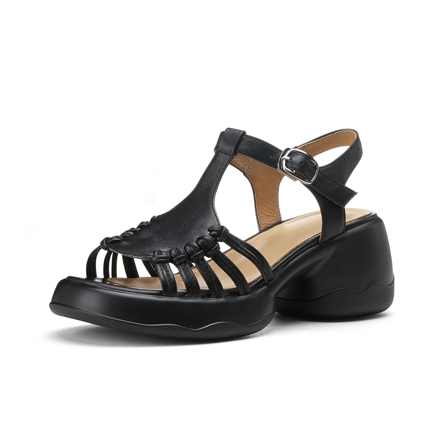 Sandal nữ đế dày quai ngang khóa chữ T dệt phong cách thể thao — đen